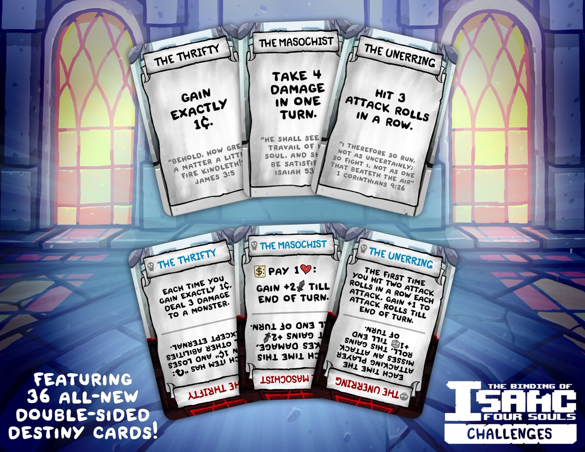 The ultimate question stands in front of you: Who is Isaac? Grapple with your identity and face your destiny in the latest Four Souls Challenge: Who Am I? Featuring 36 brand new double-sided Destiny Cards, check it out now at : maestromedia.com/collections/bi…