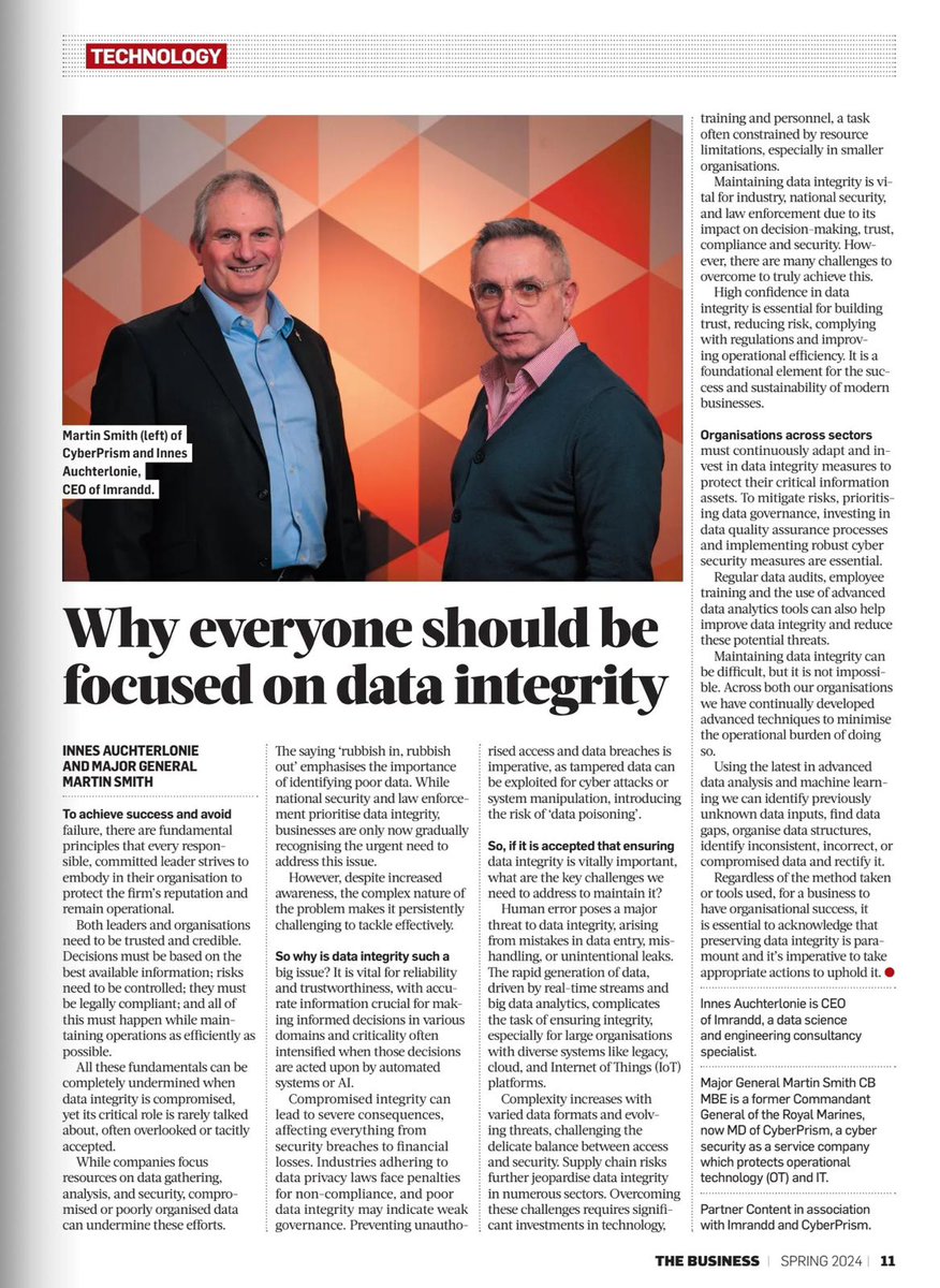 Imrandd (@imrandd_) on Twitter photo In the Spring edition of the <a href="/thetimes/">The Times and The Sunday Times</a> Scotland Business Magazine CEO Innes Auchterlonie and Major General Martin Smith of <a href="/Cyber_Prism/">cyberprism</a> discuss why organisations should focus more on data integrity.
Read the full article on page 11 here: lnkd.in/eYxthqss In the Spring edition of the <a href="/thetimes/">The Times and The Sunday Times</a> Scotland Business Magazine CEO Innes Auchterlonie and Major General Martin Smith of <a href="/Cyber_Prism/">cyberprism</a> discuss why organisations should focus more on data integrity.
Read the full article on page 11 here: lnkd.in/eYxthqss