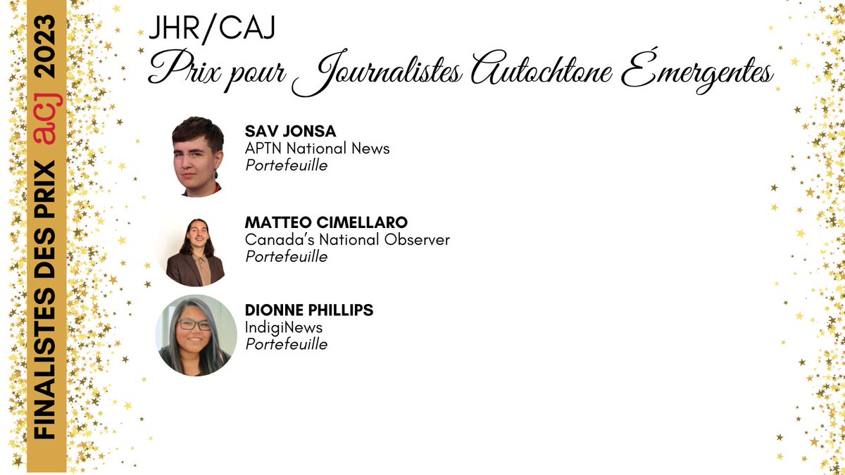 caj's tweet image. Finalists: @JHR/CAJ Emerging Indigenous Journalist
Finalistes: Prix JHR/CAJ pour journalistes autochtone émergent(e)s
🏆Sav Jonsa, @APTNNews
🏆Matteo Cimellaro, @NatObserver
🏆@Dionnealyza IndigiNews
#CAJawards #prixACJ