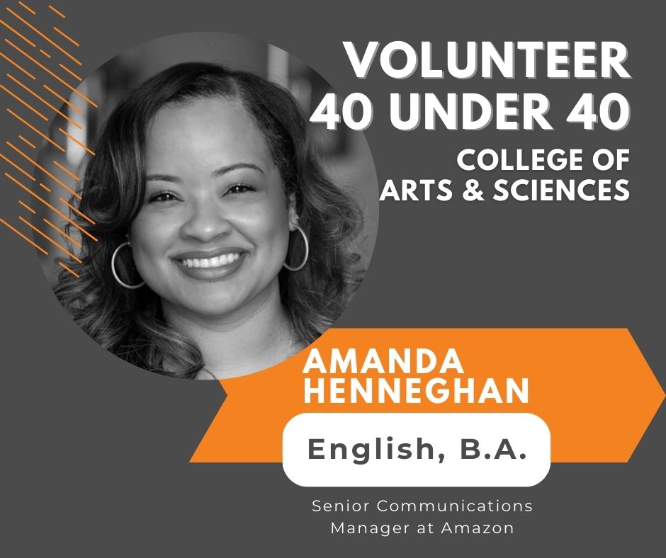 Amanda Henneghan graduated with a BA in English in 2008 and now serves as the senior communications manager at Amazon. Congrats Amanda for joining the Volunteer 40 Under 40 list! Meet the entire Class of 2024: bit.ly/3IFr9UM #UTKArtSci #EndlessOpportunities @UTKEnglish