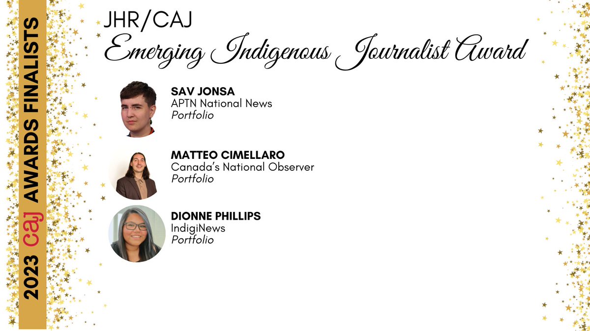 caj's tweet image. Finalists: @JHR/CAJ Emerging Indigenous Journalist
Finalistes: Prix JHR/CAJ pour journalistes autochtone émergent(e)s
🏆Sav Jonsa, @APTNNews
🏆Matteo Cimellaro, @NatObserver
🏆@Dionnealyza IndigiNews
#CAJawards #prixACJ