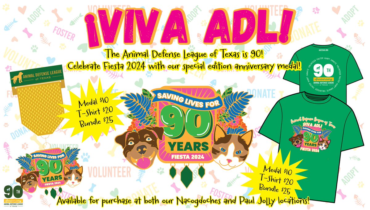 Only 2 days until #Fiesta officially begins! 🥳 Show your support for ADL and purchase our official Fiesta 2024 medal and t-shirt! Available at both our Nacogdoches and Paul Jolly campus. 💚 Medal $10. T-shirt $20. Or bundle for $25!