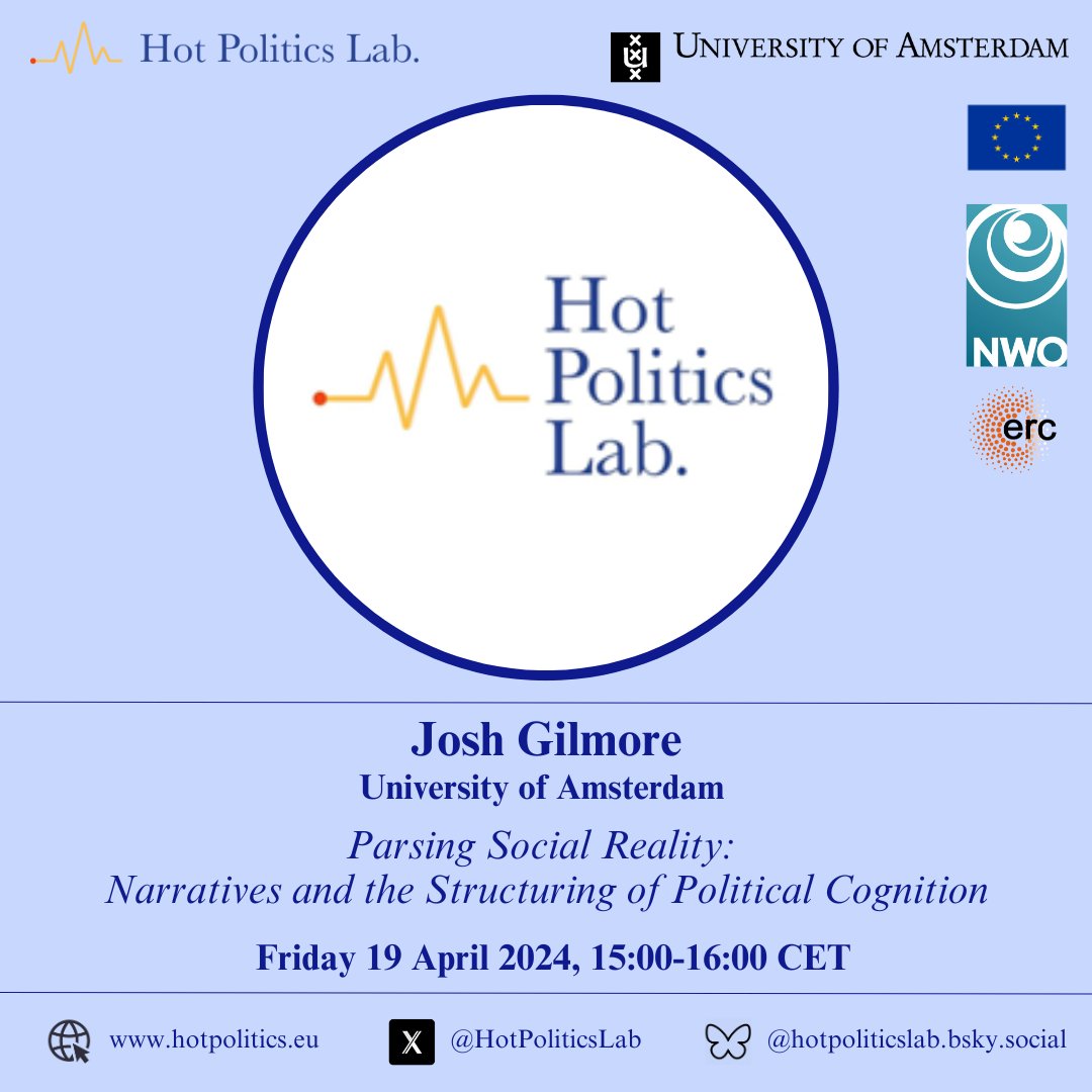 This Friday (19.04), Josh Gilmore will present his research on narratives and the structuring of political cognition. We hope to see many of you in the #HotPoliticsLab (REC-B9.22), or online via teams.microsoft.com/dl/launcher/la…