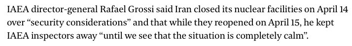 Understandable that IAEA DG Grossi kept inspectors away from #Iran's nuclear sites after Tehran attacked Israel. But with Iran's breakout at less than a week, this situation underscores the critical importance of enhancing transparency & monitoring. 1/ straitstimes.com/world/iaea-chi…