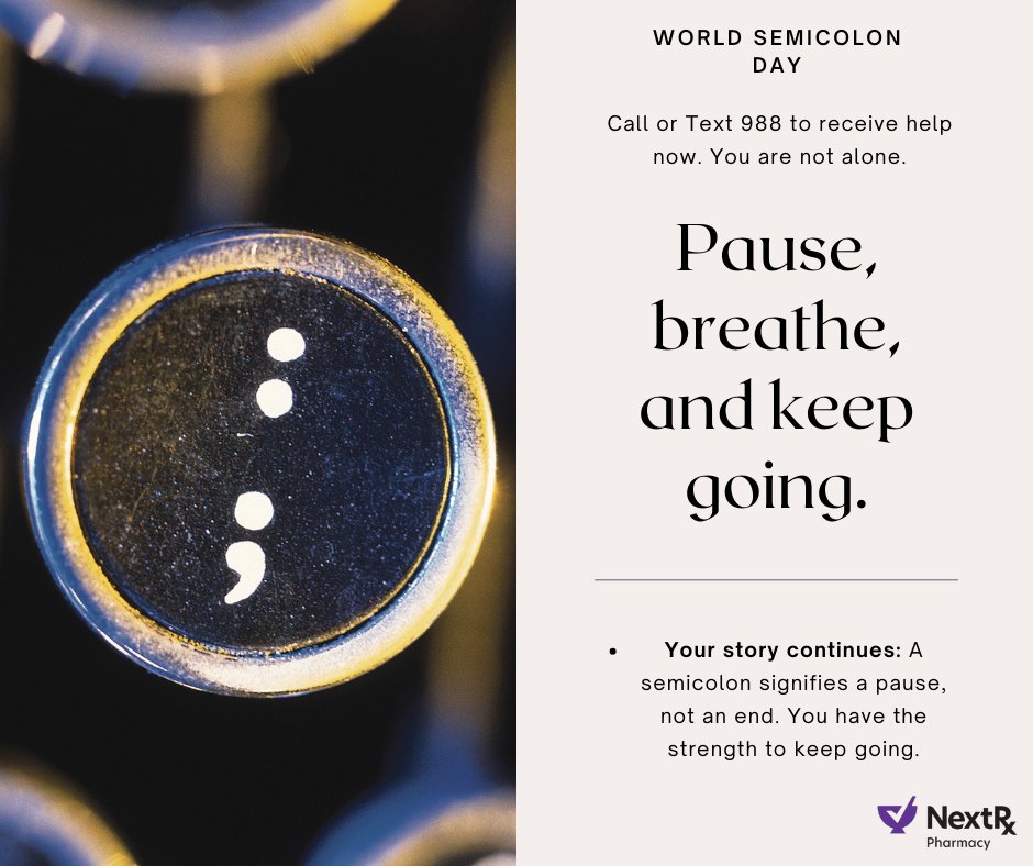 NextRxPharmacy's tweet photo. #WorldSemicolonDay #SemicolonProject #MentalHealthAwareness #EndTheStigma
#YourStoryIsntOver #KeepFighting #semicolonmovement #semicolonproject416
#ProjectSemicolon #semicolonawareness #mentalhealthmatters #semicolonwarrior
#semicolonstrength #semicolontribe #semicolonfamily https://t.co/pBVgJ9Fbhu