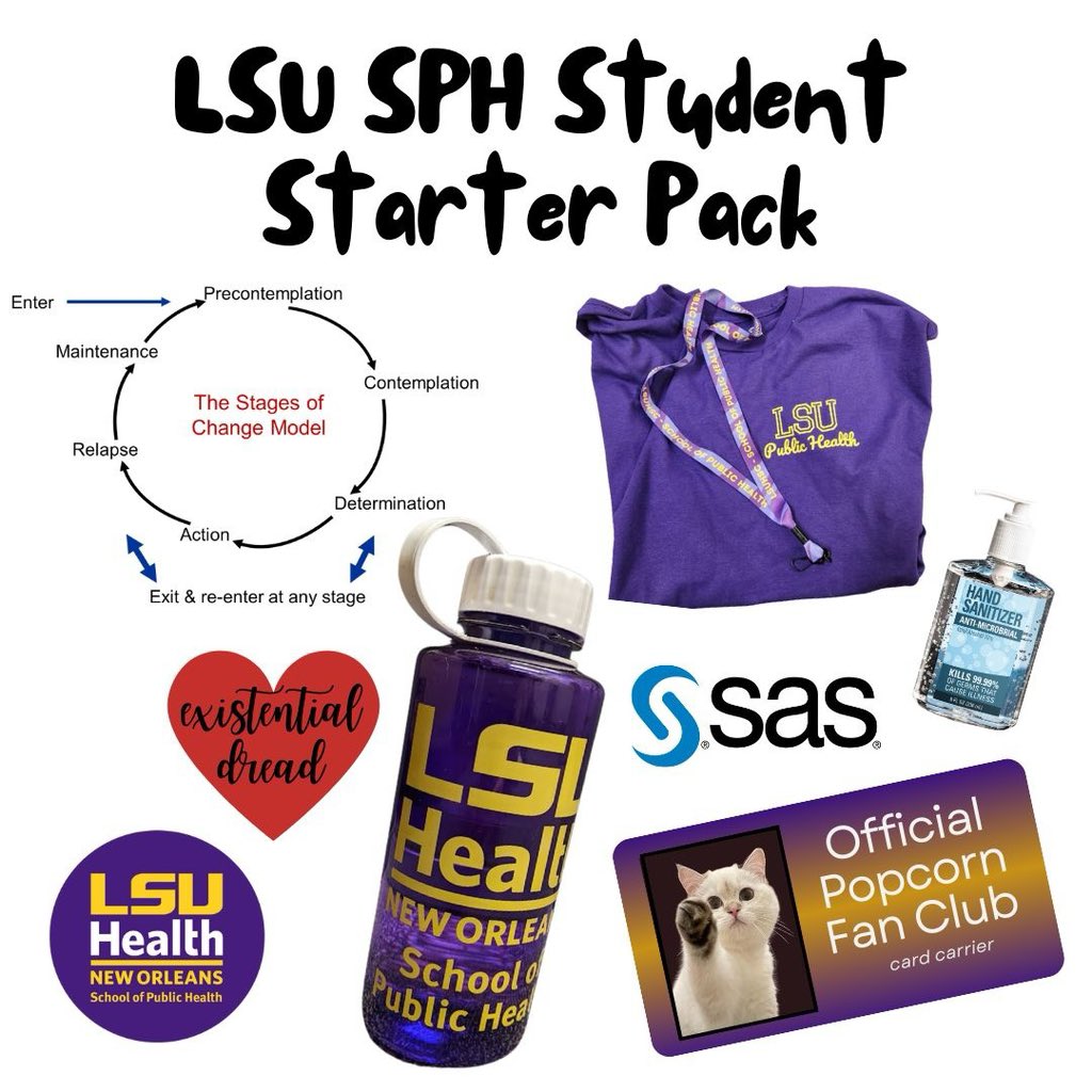 LSU Public Health (@lsupublichealth) on Twitter photo What does it look like to be a student here at LSU School of Public Health?  Of course there are the things you have to put into your admissions materials but day to day, this "starter pack" is what current students say form part of their DNA. What does it look like to be a student here at LSU School of Public Health?  Of course there are the things you have to put into your admissions materials but day to day, this "starter pack" is what current students say form part of their DNA.