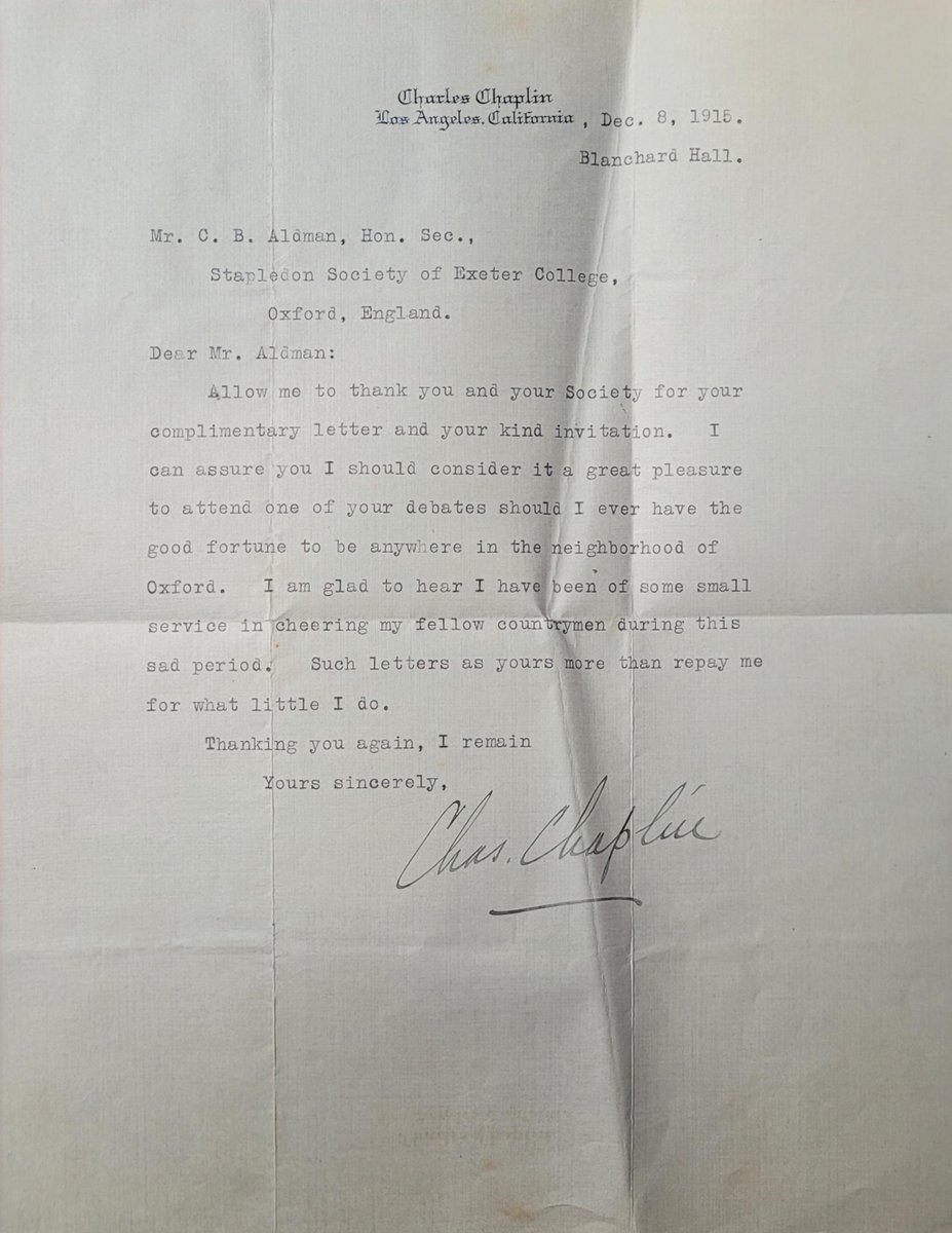 Today is Charlie Chaplin’s 135th birthday! In 1916, some Exeter students wrote Chaplin asking him to speak at the College. Unfortunately, Chaplin could not make it, but he did write the students a very kind letter, which now sits in our archives ✉️🖊️ #ExeterCollegeOxford