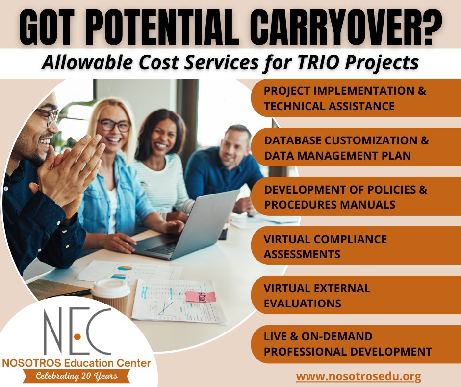 Got Carryover? Check out our Allowable Cost Services for all TRIO Projects. 
nosotrosedu.org/got-carryover

#TRIOworks #UBMS #McNair  #TRIOSSS #upwardbound  #StudentSupportServices #educationaltalentsearch #TRIOEOC