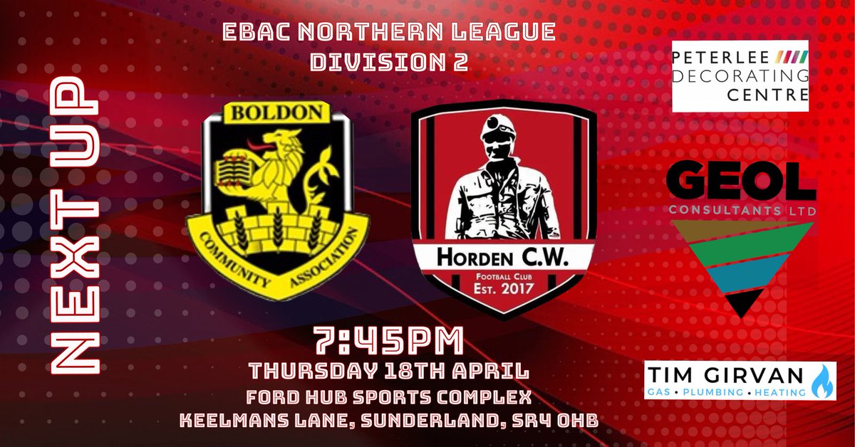 🔴⚫️ NEXT UP 🔴⚫️ Our penultimate game of the season sees us at the Ford Hub to play @CABoldon Play offs are still within our reach despite two defeats last week so plenty for the lads to play for. Proudly supported by:- Peterlee Decorating Centre @LimitedGeol @GasManTim