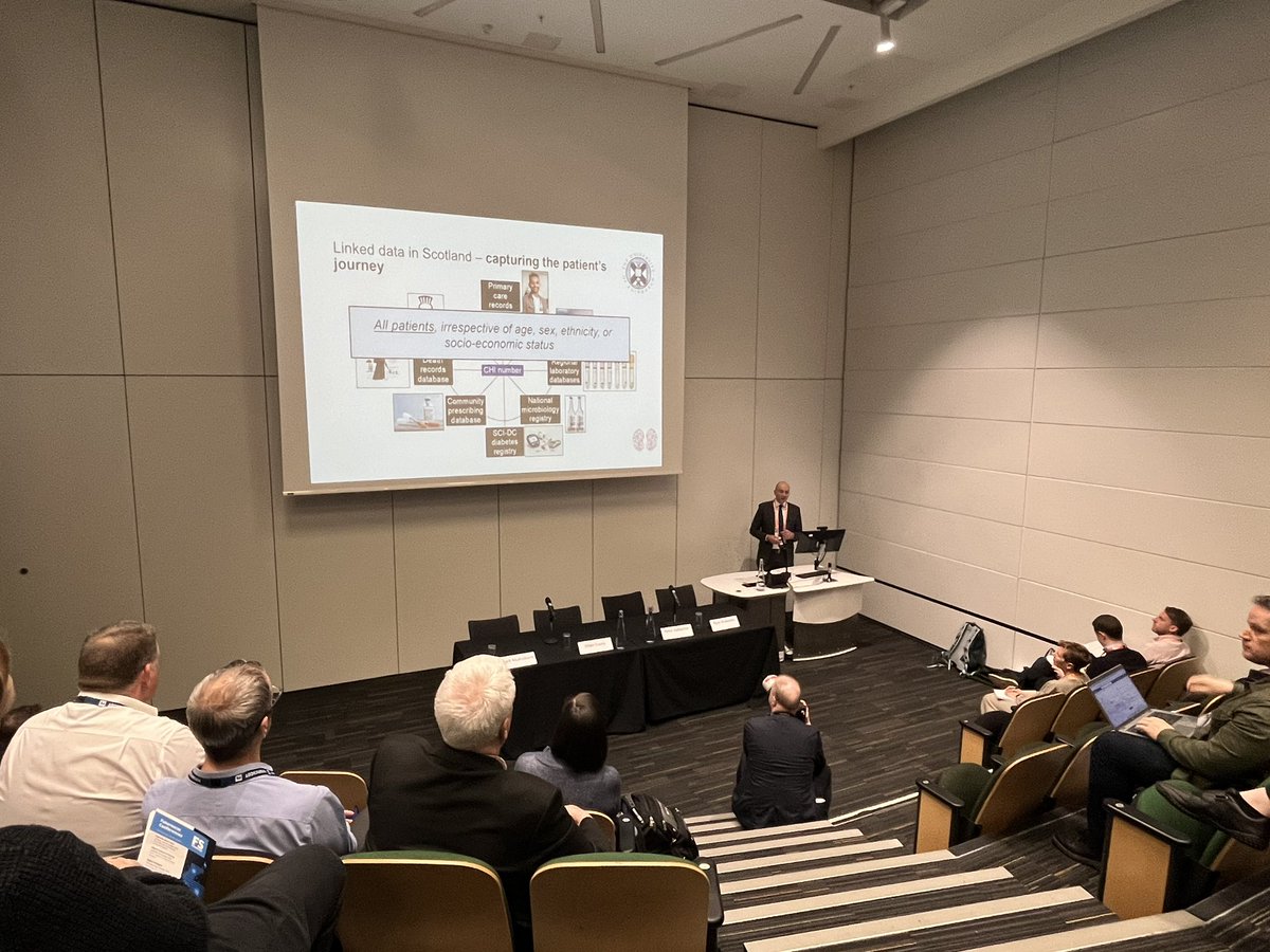 #FSHealth ⭐️ Dr Peter Gallacher from @EdinburghUni takes the stage to discuss his research. Reflecting on the impact of @dataloch, Dr Gallacher emphasizes the vital role of routinely collected data in driving #innovation and addressing knowledge gaps in #healthcare. 🖇️