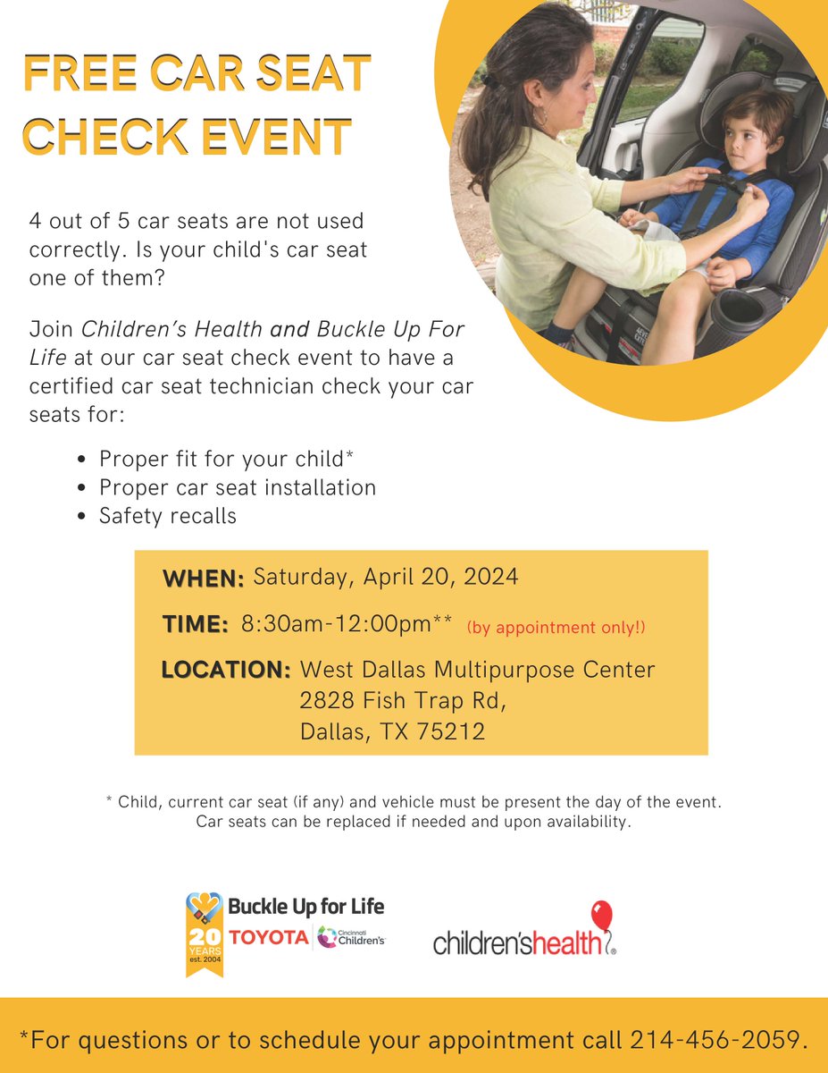 Car seats give the best protection when they, and your child, are placed and secured correctly. 📷 Join us on April 20 for a FREE car seat check in partnership with Children's Health and Buckle Up for Life. 📷Call to make an appointment at 214-456-2059. #carseatsafety #summer
