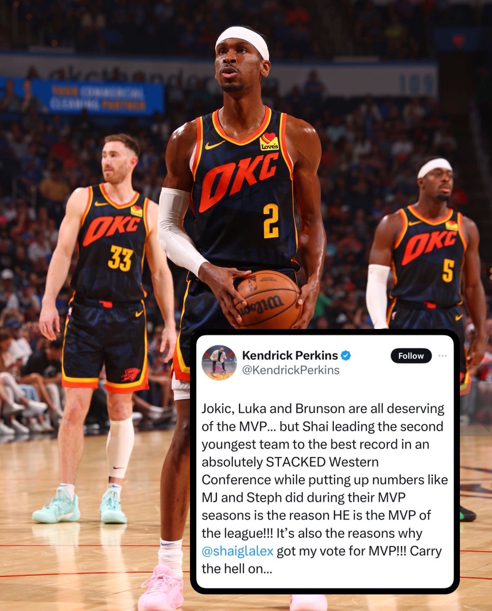 Kendrick Perkins is voting for Shai for MVP because Shai has led the second youngest team to the best record in a highly competitive Western Conference, all while achieving individual stats comparable to those of Michael Jordan and Stephen Curry in their MVP seasons