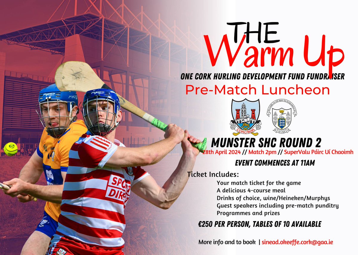 We are having a Warm up lunch in the Premium Level ahead of Cork and Clare in Munster Senior Hurling Championship. A limited number of tickets are available. For more information and to book see gaacork.ie/2024/04/13/gea…