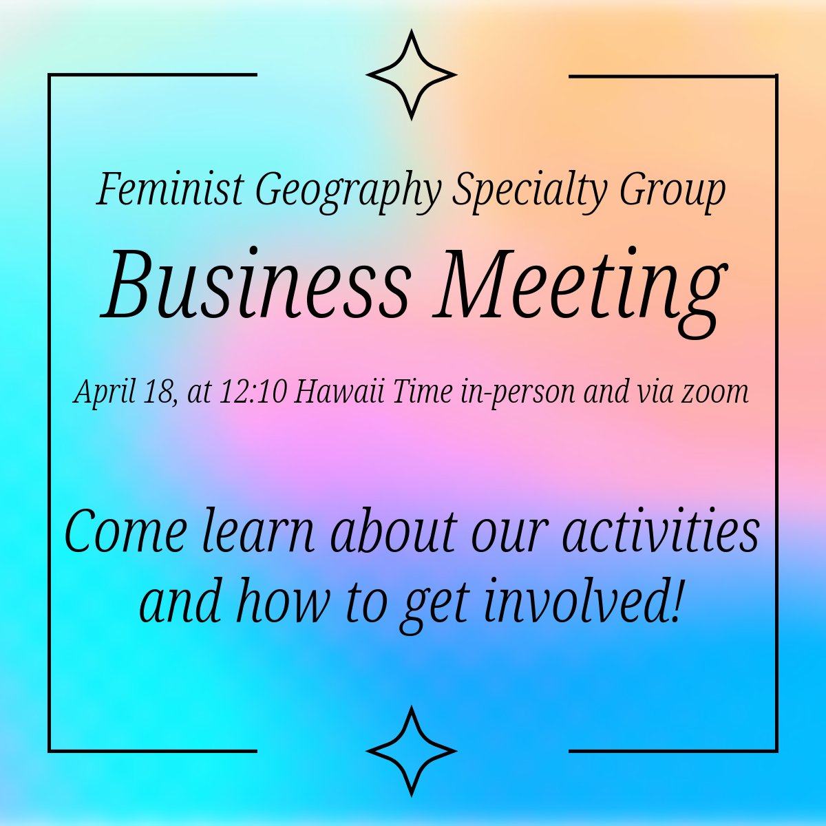 Want to learn more about the Feminist Geographies Speciality Group and our activities? Considering a leadership role in the group? Stop in for our business meeting Thursday!