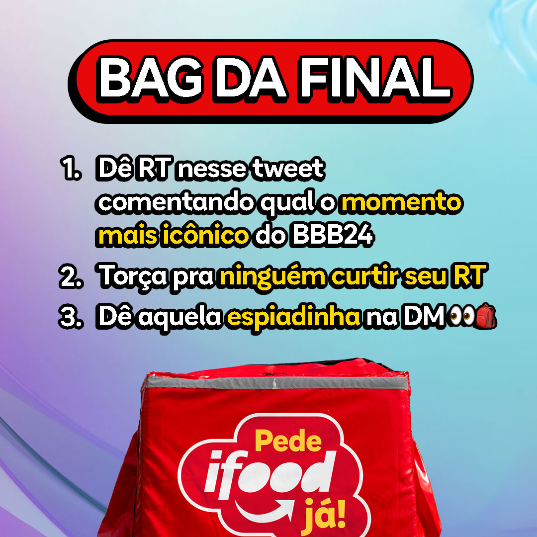 🎒BAG DA FINAL PASSANDO PELA SUA TIMELINE 🎒 Quem conseguir abrir a minha bag ganha mimo na DM até meia-noite ou enquanto durar o estoque 😎 Bora? Só não vale ir de Yasmin zerando o game, ein 😂 Pra abrir minha bag 👇🏻 #iFoodNoBBB24 #BBB24