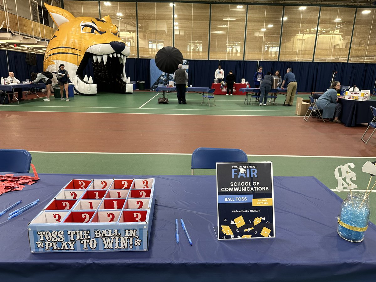 Attn: <a href="/QUSchoolofComm/">QUSchoolofComm</a> seniors - come to the Rec center today for the graduation fair! Get your caps and gowns and play ball toss at the SoC table to win raffle tickets. We’re here until 6 p.m.!
