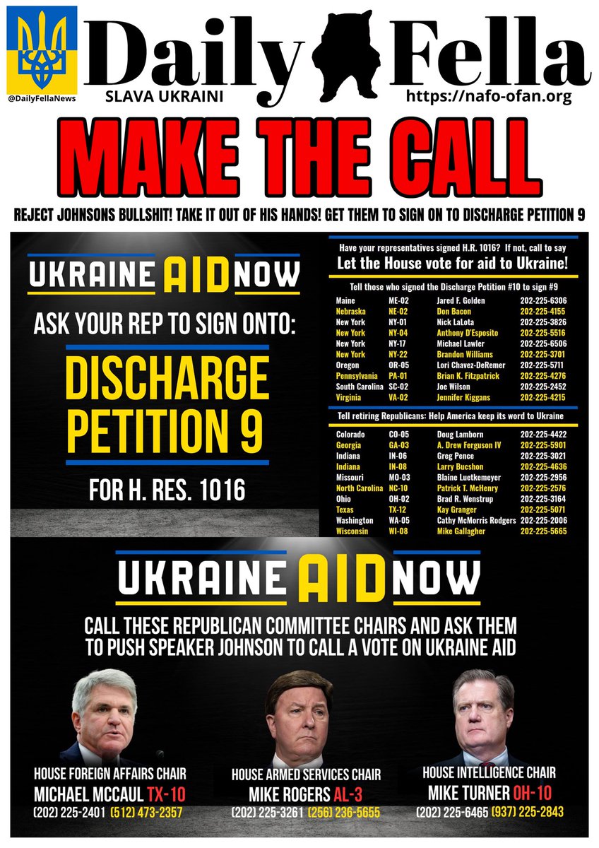 #MoscowMikeJohnson wants to split the aid bill & you can guarantee it’ll be another way to delay Ukrainian aid! Take it out of his hands, get your reps to sign Discharge Petition 9.
If your rep has already signed, get them to help!

Please share far & wide!

#MakeTheCall