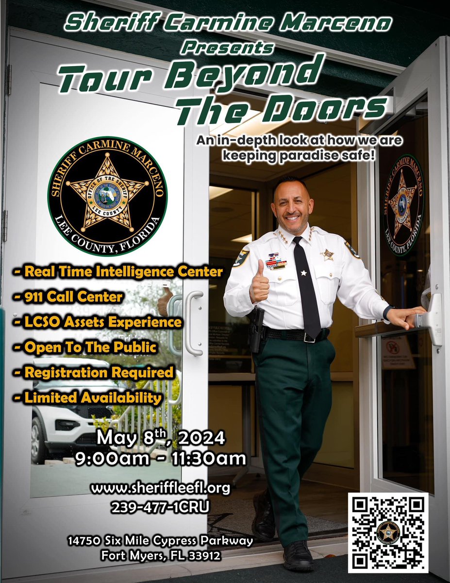 Join us as Sheriff Carmine Marceno presents 𝐓𝐨𝐮𝐫 𝐁𝐞𝐲𝐨𝐧𝐝 𝐓𝐡𝐞 𝐃𝐨𝐨𝐫𝐬 behind held on May 8 from 9-11a. Be sure to sign up — spots will fill up fast! 🤩