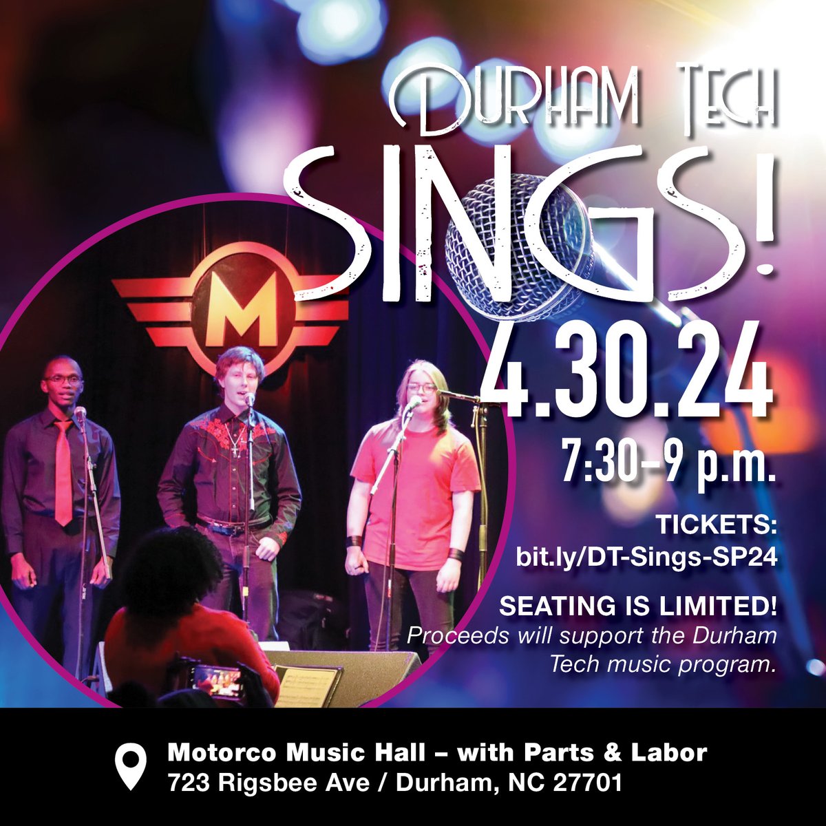Durham Tech SINGS! 🎶 The Durham Tech Ensemble Class, under the direction of Adia Ledbetter, will perform musical selections at the Motorco Music Hall, with the accompaniment of professional musicians. Seating is limited, so get your tickets now! 👉 bit.ly/DT-Sings-SP24