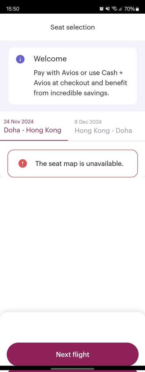 Hi <a href="/qrsupport/">Qatar Airways Support</a> can you help with this please? I'm a BA Silver/Oneworld Sapphire status holder but your app does this. 3 of the 4 flights are with Qatar Airways, 1 is with Finnair. I cannot look at seat maps at all on your website; there isn't an option at all in Manage Booking.