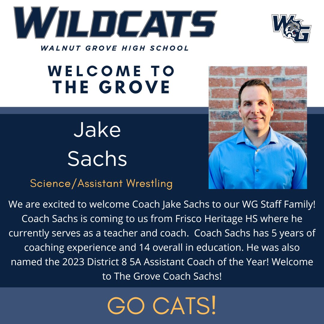 We are excited to announce another Rock Star Educator coming to The Grove next year! Today we welcome Coach Jake Sachs who will be coming to us from Frisco Heritage HS where is currently serving as a teacher and Asst. Wrestling Coach! #TheStandard @PISD_Athletics @TheGroveMedia