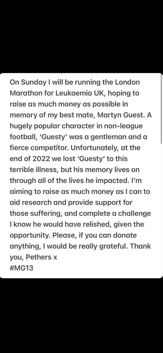 <a href="/SWTFootballClub/">Saffron Walden Town FC</a> <a href="/tilburyfc/">Tilbury FC</a>  Guesty was a great character and played for both clubs . Any donations tonight for our player Scott Pethers would be gratefully received as he takes on the london Marathon. Please RT . #MG13