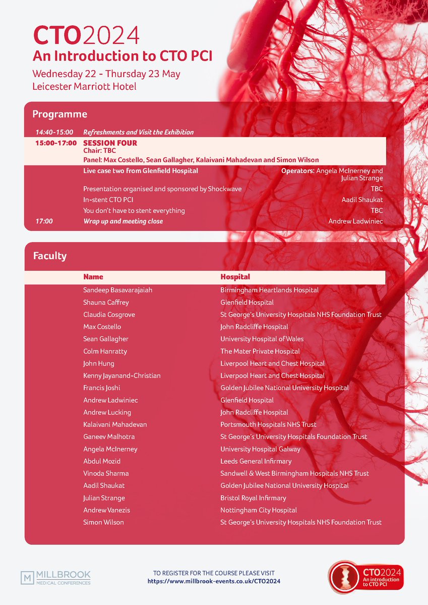 In addition to Chronic Total Occlusions, we invite you to attend the evening symposium on Wednesday 22 May from 19:00, which will feature dinner, drinks and case presentations You can add this to your #LeicesterCTO booking for free: millbrook-events.co.uk/CTO2024