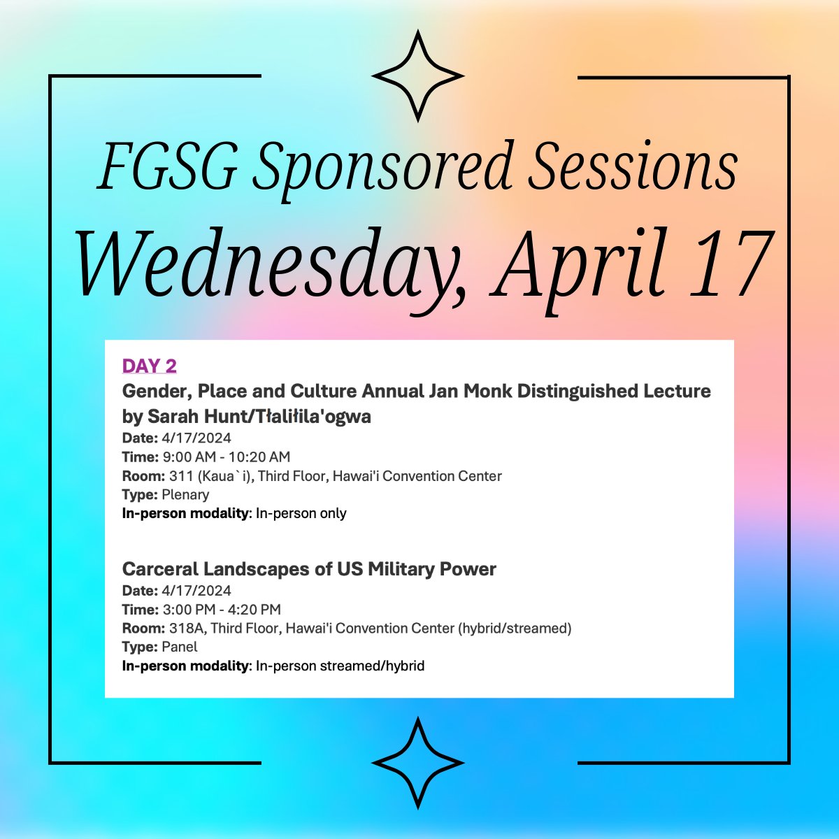 A look at Wednesday's FGSG sponsored sessions @theAAG! Don't miss the Jan Monk Lecture!