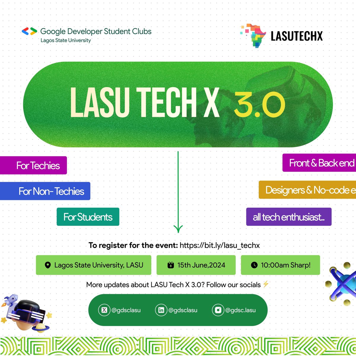 gdgoc_lasu's tweet photo. Exciting Announcement! 
𝗟𝗔𝗦𝗨 𝗧𝗘𝗖𝗛 𝗫 𝟯.𝟬 𝗶𝘀 𝗛𝗘𝗥𝗘 🚀

Prepare for a time of discovery at #LASUTECHX3, an event that promises to surpass all your expectations! 

We're going all out to make this year's edition the most memorable, grand, and unique one yet. 😉
🧵 https://t.co/H1zltewINN