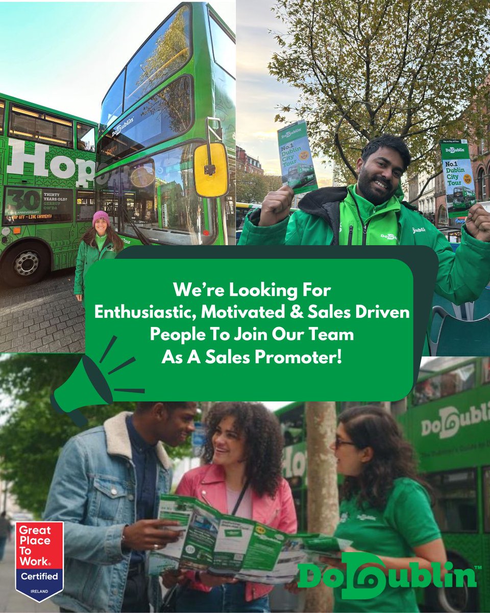 We Are Hiring 💚 DoDublin are currently seeking friendly and motivated people to join the promotional and sales outdoor team! If you are interested in becoming a DoDublin Sales Promoter, forward your CV to jessica.burke@dublinbus.ie 📩 @dublinbusnews #wearehiring