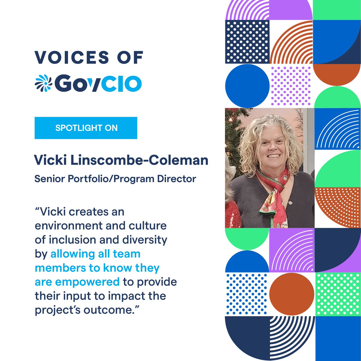 Join us as we celebrate diversity and champion those who are leading the way with #VoicesofGovCIO! ✨

Meet Vicki Linscombe-Coleman, who fosters an inclusive environment for all. Stay tuned for more insights throughout #DiversityMonth! 👏 🎉

Learn more: govcio.social/3VGlu8w