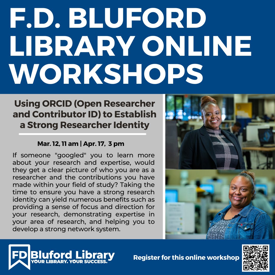 blufordlibrary's tweet photo. Join us for a workshop on building your research identity! Learn how to ensure your online presence reflects your expertise and contributions effectively. Register: https://t.co/RNzgoNQdrK https://t.co/mdUZD8S2Td