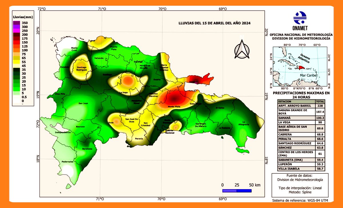 Lluvias en 24 horas (8:00am del lunes-8:00am del martes); producto de la incidencia de la activa Vaguada que afecta el territorio nacional. Mayores acumulados: Arpto. Arroyo Barril= 228 mm Sabana G. de Boyá = 187.4 mm Samaná = 100.3 mm