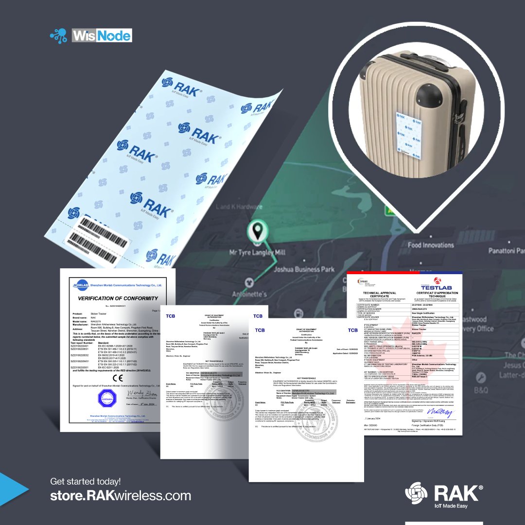RAK2270 RAK Sticker Tracker now with IC, CE, FCC certifications! Ensuring top-notch quality and performance that meets international standards. #CertifiedExcellence Learn more bit.ly/3QreWYf