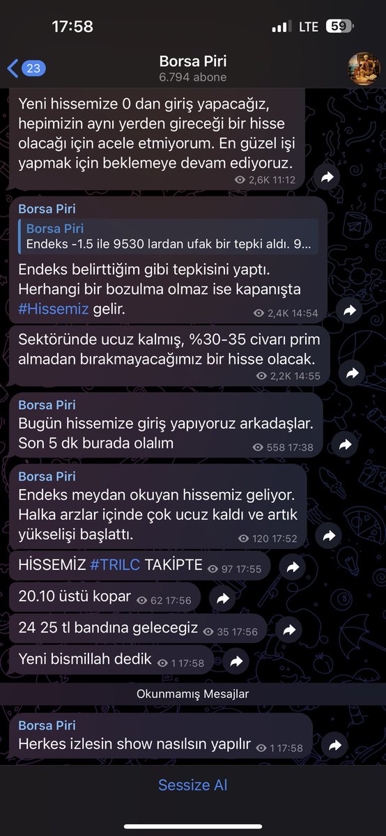 #Telegram da çakal #Borsapiri denen harami kendi #trilc 19.30 liradan topladı 20 liraya kadar taşıyıp öyle paylaştı Telegramdan. Orospu evladı A1 den lamabalama yapıyor kendi malımı sattırmak için