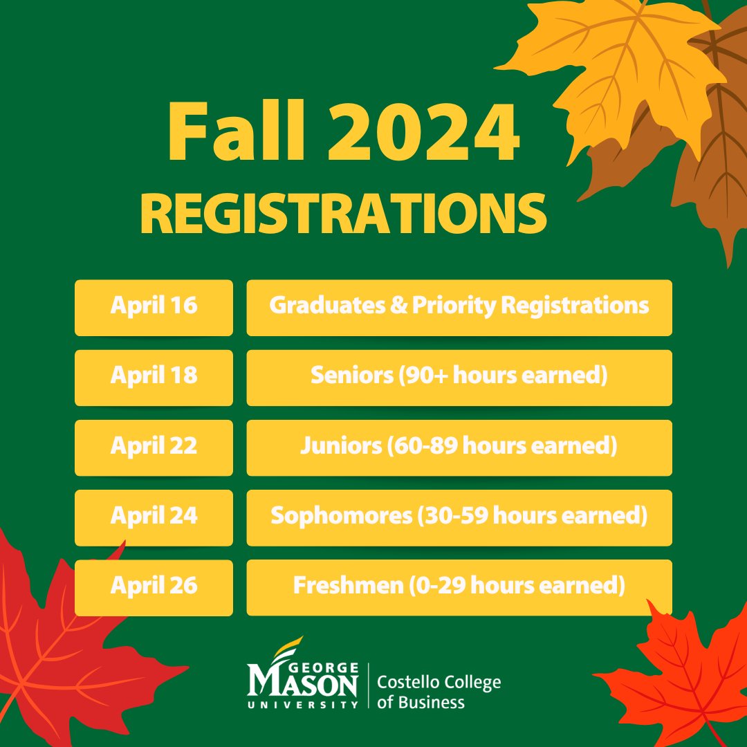 Fall registration is almost upon us! Check out the registration schedule so you can register on time. #MasonNation #GeorgeMasonU