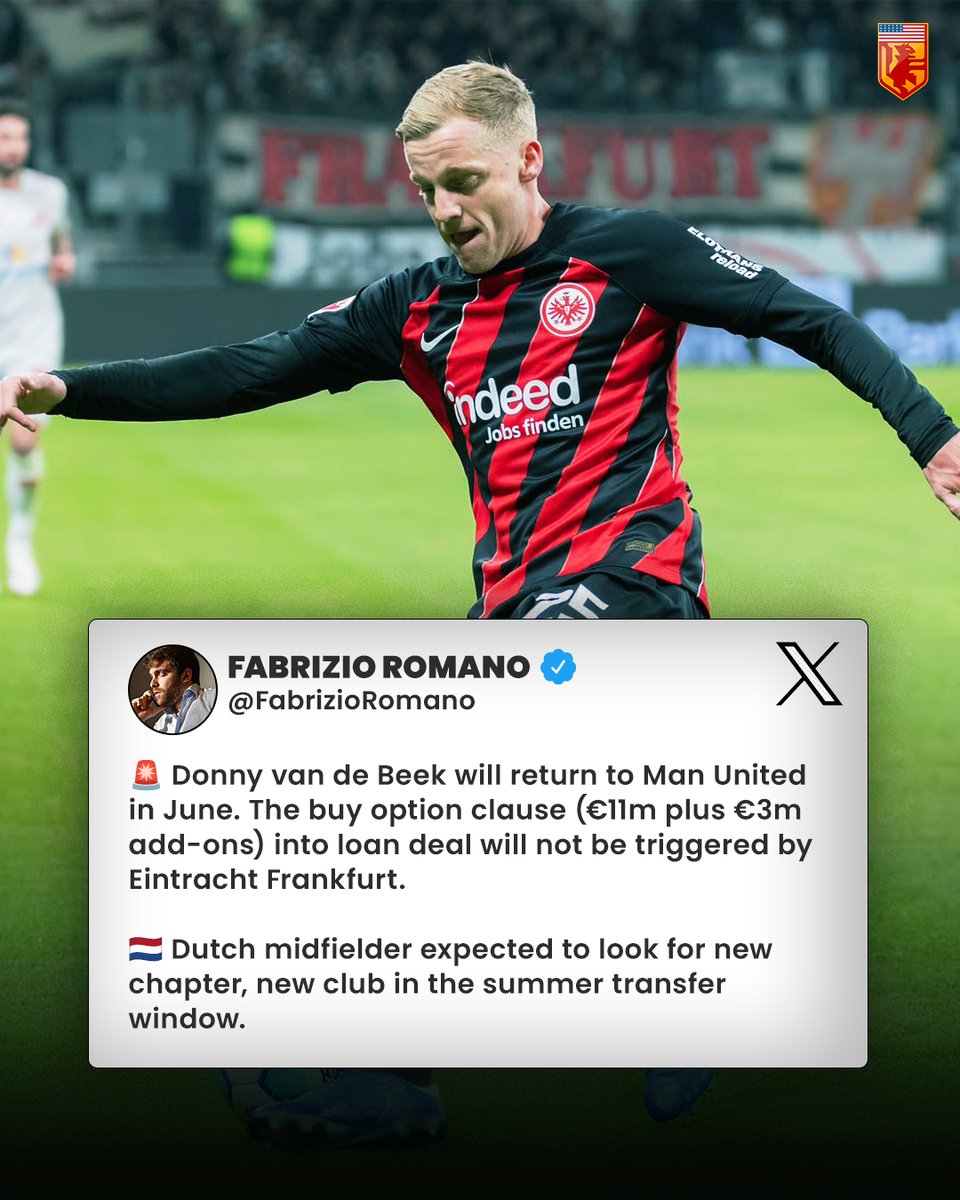 It has been confirmed that Donny van de Beek will return to United at the end of the season after a disappointing loan spell at F.C. Frankfurt. The buy option will not be activated, and he will be seeking a new chapter and a new club. #mufc #manutd #premierleague #ineos