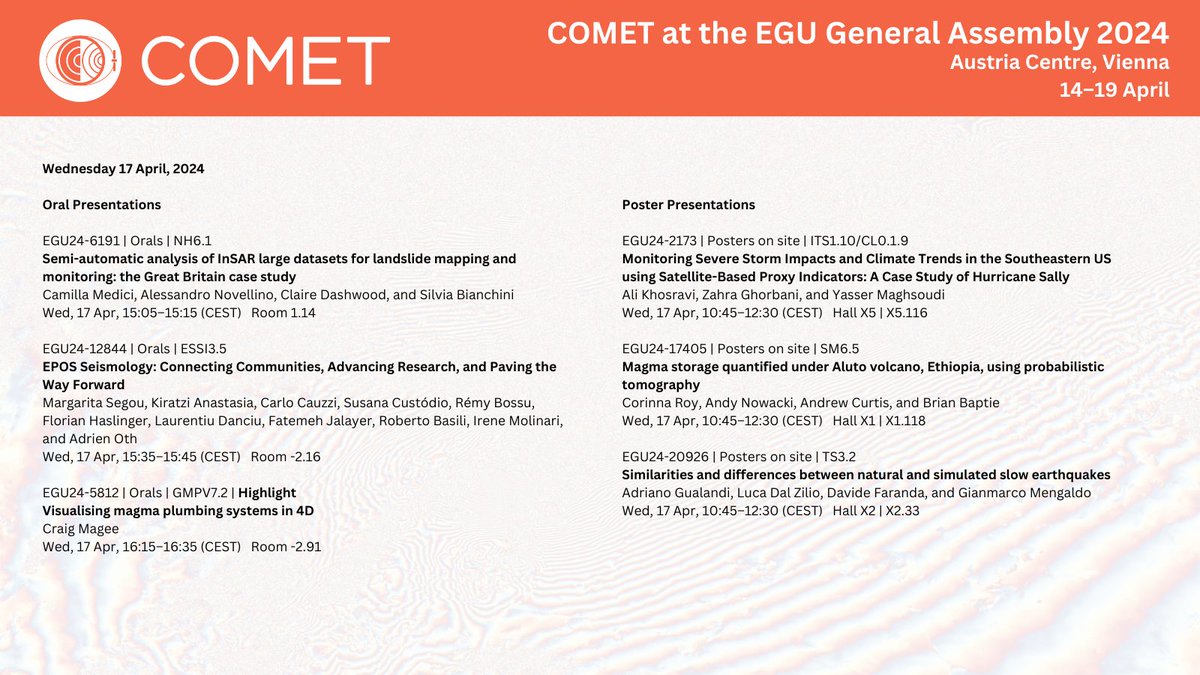It's day 3 of @NERC_COMET at the @EuroGeosciences General Assembly. Here's the schedule of presentations taking place today. For a full list visit the #EGU24 website and follow @EuroGeosciences for updates. meetingorganizer.copernicus.org/EGU24/meetingp…