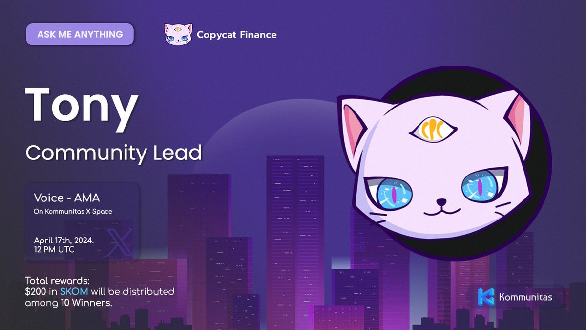 kommunitasnet's tweet photo. AMA Announcement 

Kommunitas is thrilled to hold our AMA session with Mr. Tony, Community Lead of @CopycatFinance 

We would like to explore what solutions does Copycat DEX propose to address the high transaction fees in the on-chain derivatives market? And how does the Copycat DEX’s innovative liquidity system work?

Voice AMA
• Date and Time: 17th April 2024, 12:00 PM UTC
• Venue: Twitter Space

Total rewards: $200 in $KOM will be distributed among 10 winners