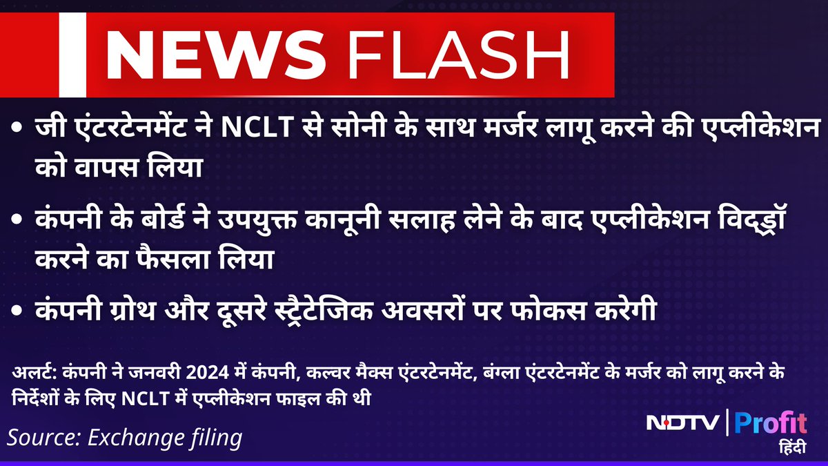 NDTVProfitHindi's tweet photo. जी एंटरटेनमेंट ने #NCLT से सोनी के साथ मर्जर लागू करने की एप्लीकेशन को वापस लिया, कंपनी ग्रोथ और दूसरे स्ट्रैटेजिक अवसरों पर फोकस करेगी

Live पढ़ें: https://t.co/bCNRiQ5tbj

#ZEEL #ZeeSonymerger https://t.co/ltoy2CDGm6