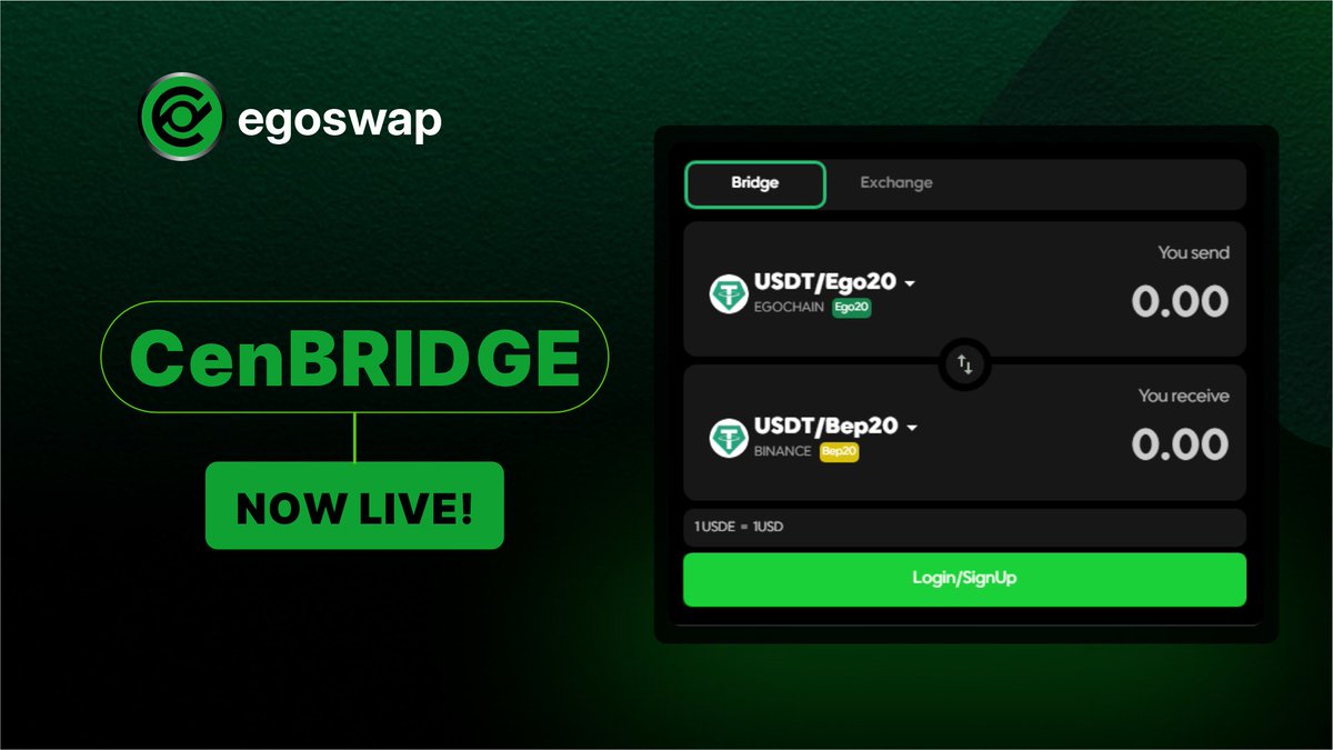 egochainHQ's tweet photo. New Users Get Free EGAX on EgoSwap via CenBridge!
Effortlessly join the Egochain community with CenBridge. New users who utilize CenBridge on EgoSwap receive a complimentary EGAX airdrop to cover blockchain transaction fees.

What is CenBridge?

CenBridge simplifies onboarding for billions of users onto the Egochain ecosystem. It offers:

User-friendly swap function: Easily exchange assets between established blockchains and Egochain.

Centralized bridge: Facilitates seamless transfer of liquidity, boosting the Egochain ecosystem.

Start your journey today! Visit EgoSwap: https://t.co/oC4OVTxBnS and experience CenBridge.

#Egochain #CenBridge #RWA  #EGAX