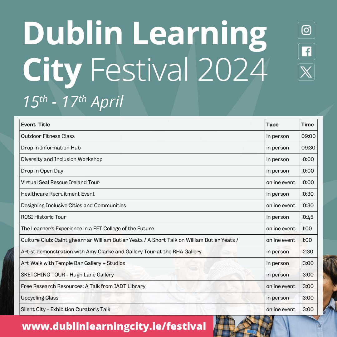 DubLearningCity's tweet photo. It’s Day 3 of Dublin Learning City Festival! Check out all our events scheduled for today, Wednesday 17 April.
#DLCFestival2024 #FÉILECFBÁC2024 #MyLearningCity #DublinLearningCity #DublinMyLearningCity #LifeLongLearning #Festival #DublinisLearning #LearningForWork https://t.co/YJKTSkDdPj