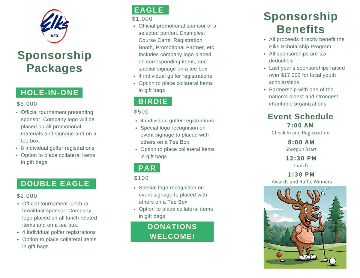 Attention golfers! Elks Lodge 26 is having their annual golf tournament on 6/15 at Minor Park! We are looking for teams, sponsors, or donations! All proceeds go to the Elks Scholarship Fund benefiting local students! Come have fun and support a good cause!