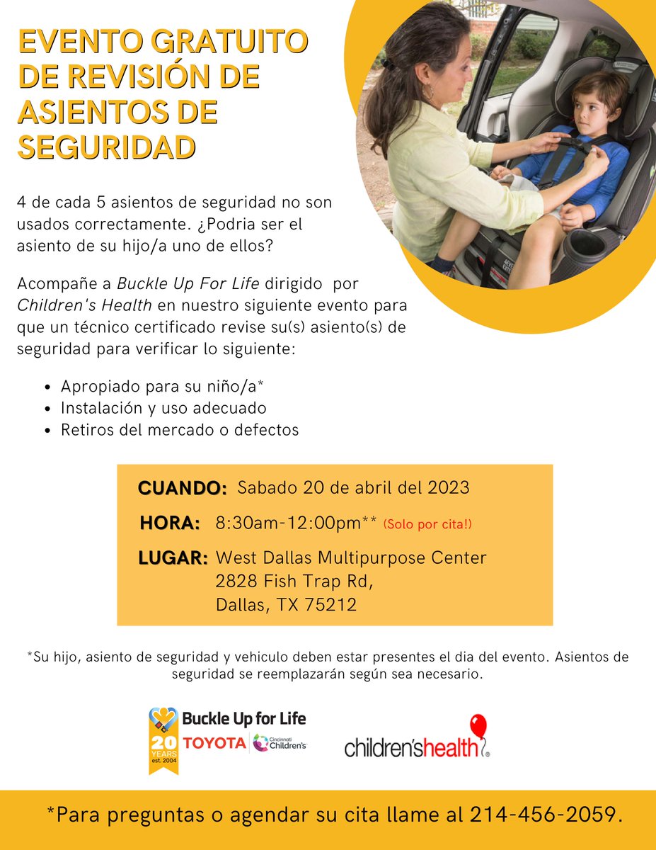 Los asientos de seguridad para niños brindan la mejor protección cuando éstos y sus hijos están colocados y asegurados correctamente. 📷Lo invitamos a una revisión gratuita el 20 de abril gracias a Childrens Health y Buckle Up for Life. 📷Llame para hacer una cita 214-456-2059.