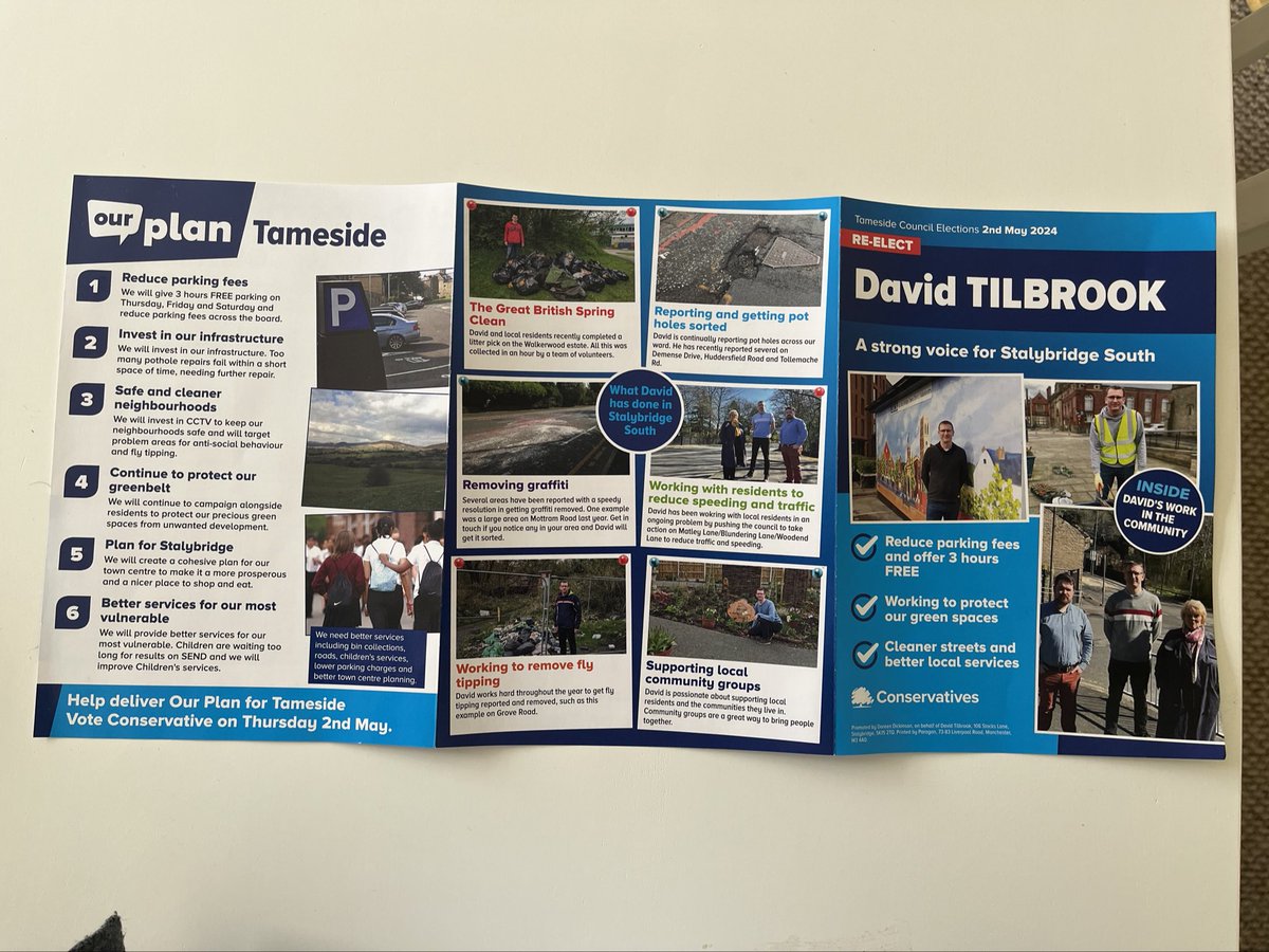 This is Labours leaflet for Stalybridge South Ward in TMBC, and Conservative Leaflet. After 45years of total control in TMBC they really have nothing to say about local politics, nothing at all about Staly South.