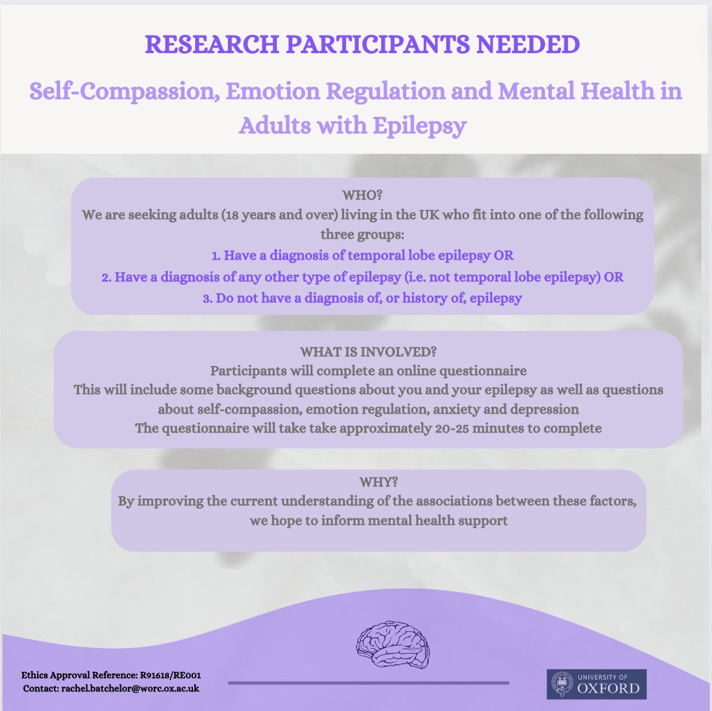 Researchers at the @UniofOxford are looking for UK adults with and without #Epilepsy to take part in a short anonymous survey about mental health, self-compassion and emotion regulation:‌ psychiatryoxford.qualtrics.com/jfe/form/SV_a8… Your participation would be really appreciated!