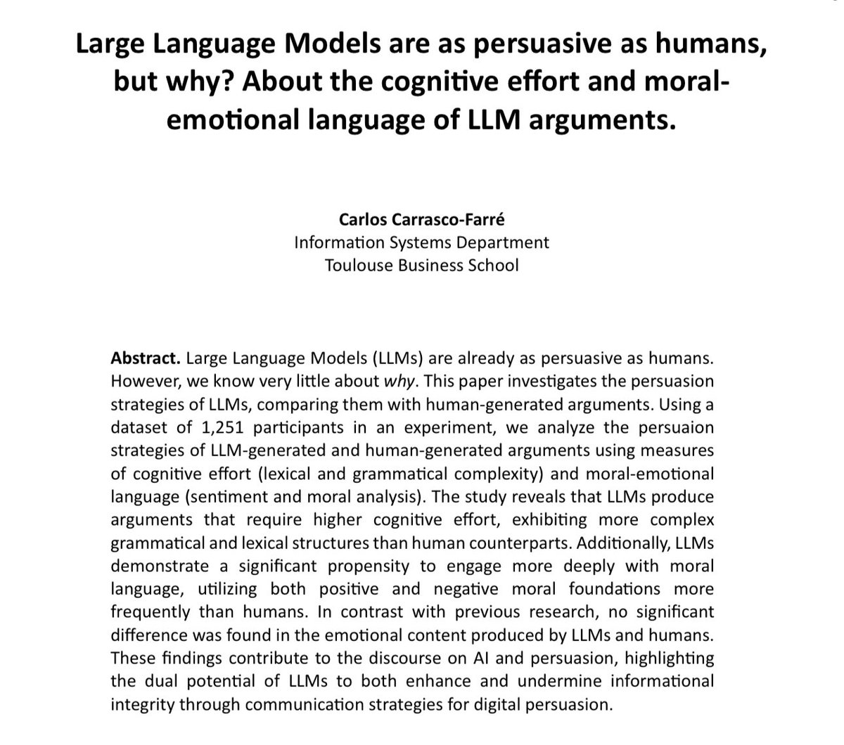 We know that LLMs are more persuasive than most humans, this study offers some tentative reasons why that may be true:

LLMs produce arguments that are MORE morallly charged than humans do, and which require more cognitive work from humans to understand arxiv.org/pdf/2404.09329…