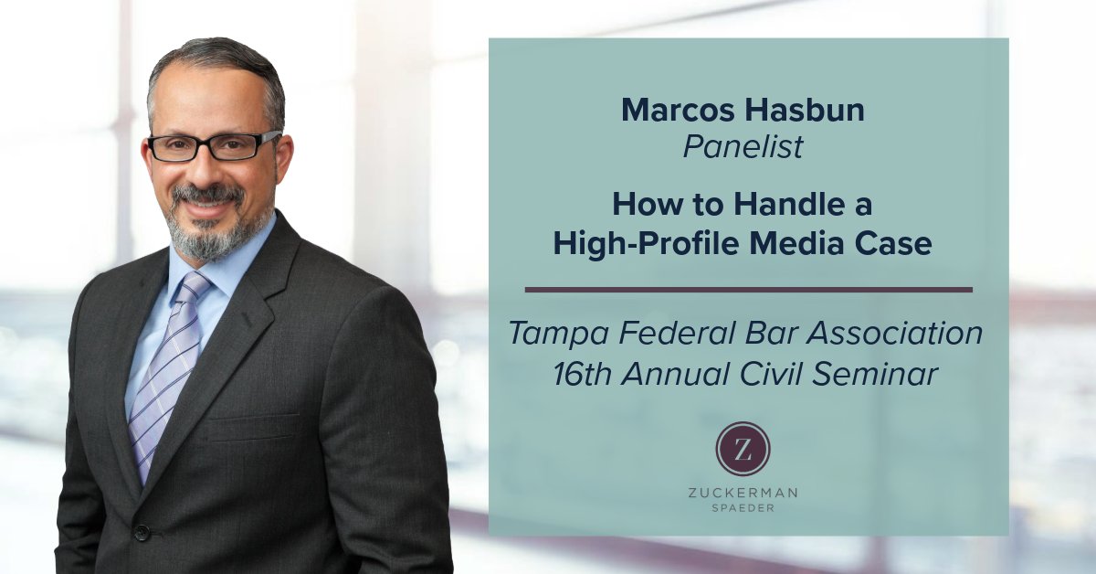 On 4/25, @ZS_law's Marcos Hasbun will discuss “How to Handle a High-Profile Media Case” at @FedTampa's annual seminar. Renowned #crisismanagement expert, Judy Smith, whose work inspired the TV series 'Scandal,' will also speak. More: news.zuckerman.com/3xzJm3L #ZSpresents