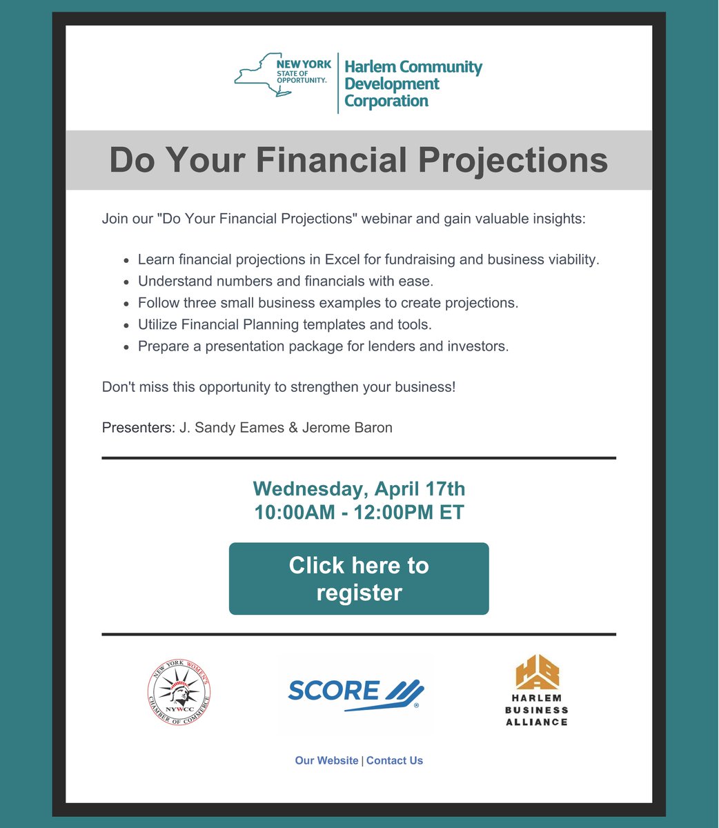 Join us & our partners at @HarlemCDCorp & @SCOREMentors for this free workshop! 'Do Your Financial Projections', tomorrow at 10am on ZOOM. Don't miss this opportunity to strengthen your business! RSVP: bit.ly/hcdc_financial…