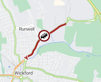 Wickford - slow moving traffic on Runwell Road (A132) Southbound between the Rettendon Turnpike (A130) and Golden Jubilee Way (A132)